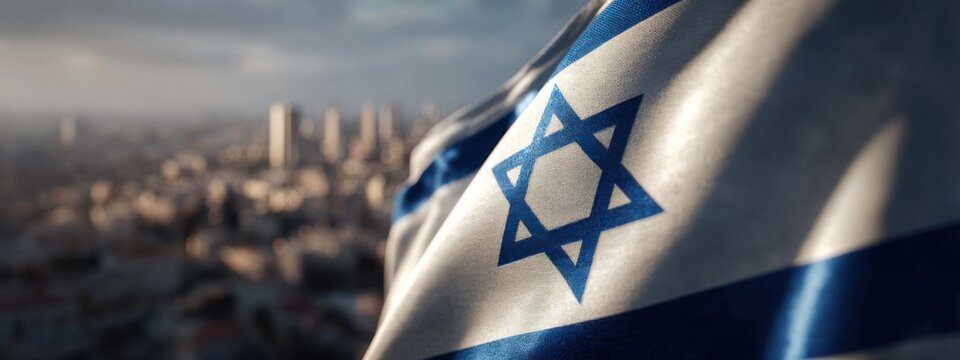 Flag of Israel waving in the wind with city skyline in the background during sunset hours in Jerusalem