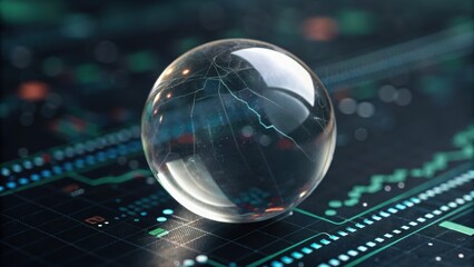 A clear glass sphere rests on a digital background, reflecting intricate patterns and lines, suggesting a connection between technology and clarity.