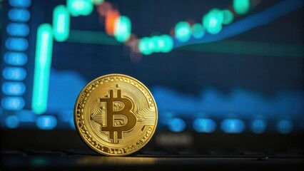 Bitcoin cryptocurrency coin in front of a digital graph, symbolizing financial growth and market trends.