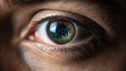 A close-up of an eye reflecting stock market graphs, symbolizing vision and insight in finance and investment.