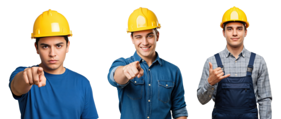 Portrait of three confident young adult male construction workers wearing yellow hard hats and work attire, pointing and gesturing on a transparent background.