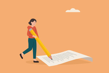 prompt engineer or content writer concept, blogger, bullet journalist or publishing editor concept, smart woman freelance holding big pencil thinking and writing content or AI prompt on notepad paper