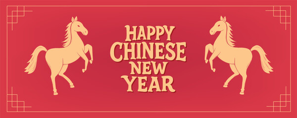 Chinese New Year horizontal banner decorated with horses on red background. Good for cards, posters, templates, invitations, social media visuals, etc. EPS 10