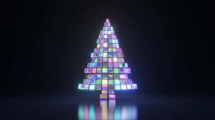 A modern digital Christmas tree made of glowing colorful screens reflecting on a dark surface. Christmas video background with copy space. - Powered by Adobe