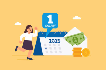 happy woman employee or workers receive a monthly salary in 2025, active income with salary payment concept, Payday loans monthly salary concept vector Illustration with flat style
