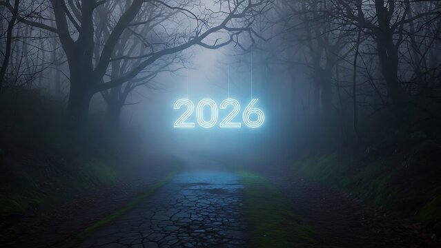 Glowing neon year 2026 sign hanging in a foggy dark forest path with bare trees light