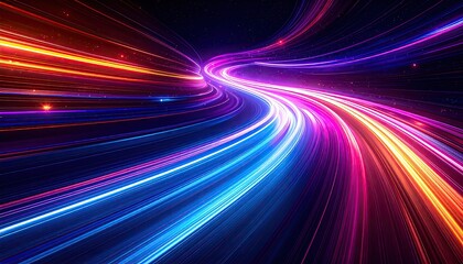 Dynamic, abstract display of flowing light trails in vibrant red, orange, and blue hues