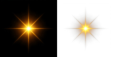 Glowing sun star with golden overlay, lens flare, bright light rays, magical sparkle, flash burst,...