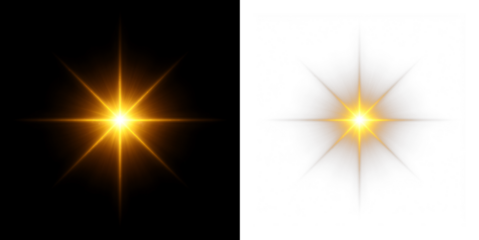 Glowing sun star with golden overlay, lens flare, bright light rays, magical sparkle, flash burst, glare highlights, radiant beams, and shining light effects for festive compositions.
