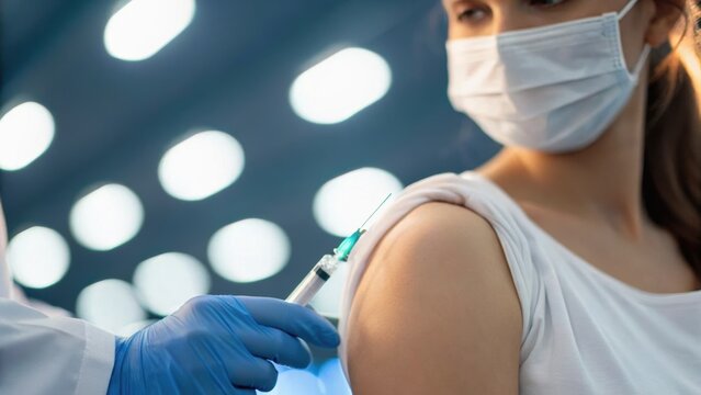 A healthcare professional administers a vaccine to a masked individual in a clinical setting with blurred lights in the background. - Powered by Adobe