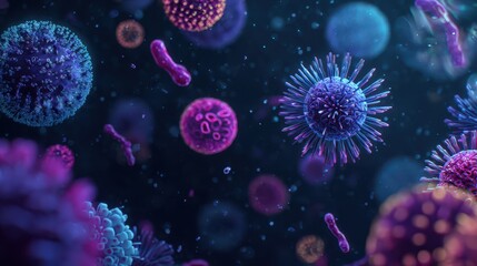 Abstract macro depiction of viruses and bacteria in neon tones for science education