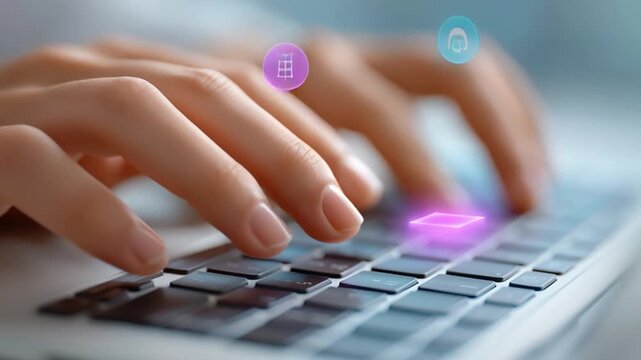 Hands typing on laptop with vivid interface icons floating above keys as symbols shift position across frames while camera moves slightly capturing active digital workflow in bright indoor space.