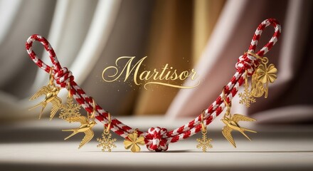 Martisor traditional romanian spring festival bracelet with red and white string and golden charms