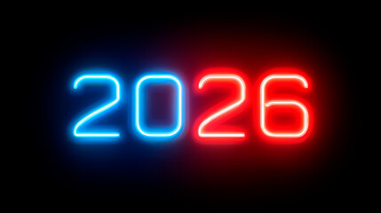 Blue and red neon "2026" glowing against a dark background, evoking futuristic celebration and bold modern design.