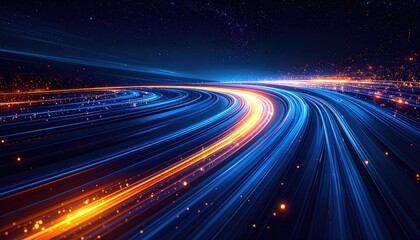 Abstract digital highway with vibrant neon lights, curves, and a starry sky