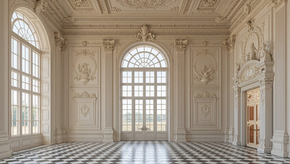Elegant interior of a classical palace with large windows and ornate details