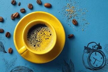 A yellow cup of aromatic coffee with drawn alarm clock elements and scattered coffee beans on a blue background, top view. Morning coffee, an invigorating drink.