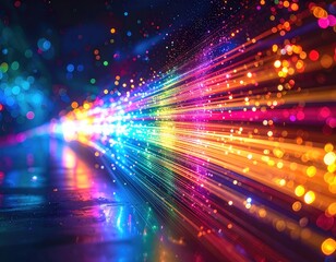 A vibrant, abstract digital art piece with flowing streaks of multicolored light