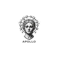 Surreal illustration of an ancient cracked Greek or Roman statue head, Apollo, crowned with a circular frame thorns