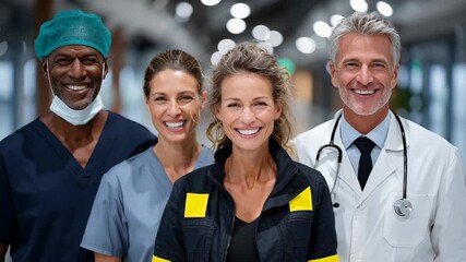 Group of diverse healthcare professionals smiling confidently in a modern medical facility, showcasing teamwork and dedication, camera captures the scene with a smooth pan - Powered by Adobe