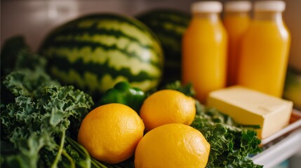 Juices, juicy watermelons, and bright lemons rest on a fridge shelf alongside fresh kale and green peppers, creating a lively display of refreshing ingredients ready for enjoyment
