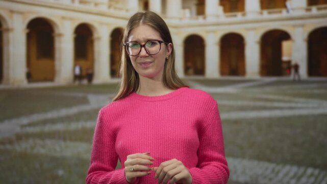 Blonde woman in pink sweater adjusts glasses and fidgets fingers outside old university building; hesitation.
