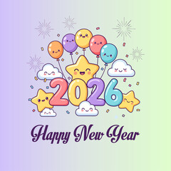 Cute Happy New Year 2026 Flyer: Cartoon Stars, Pastel Balloons, Friendly Clouds
