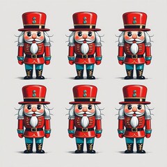 Six charming nutcrackers dressed in festive attire and standing tall, ready to add a touch of holiday magic , isolated on a white background
