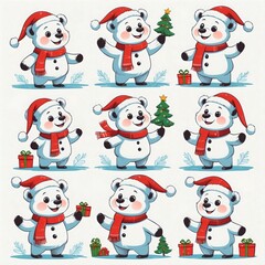 Nine adorable polar bears celebrating Christmas in a joyous manner. Each bear is uniquely adorned with festive accessories, including Santa hats, red scarves, gifts