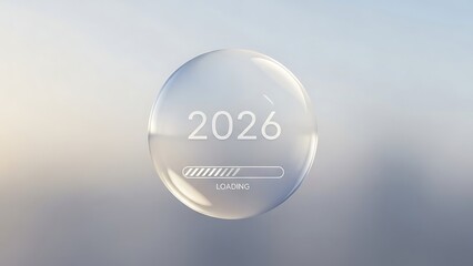 Transparent sphere with the year 2026 and loading bar on a soft blue and white gradient background glass