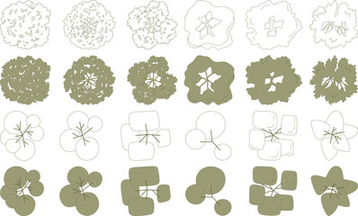 Top view trees for architectural plans and landscape design. Minimal vector illustration for urban planning, site plans, and architectural entourage.