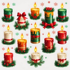 Festive Candles: A Collection of Christmas and Holiday Decorations , isolated on a white background
