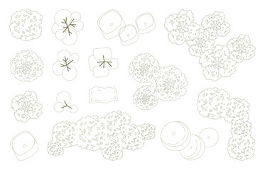 Tree for architectural floor plans. Entourage design. Various trees, bushes, and shrubs, top view for the landscape design plan. Vector illustration.