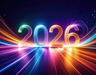 Neon 2026 numerals in colorful light trails on a dark backdrop, celebrating the new year