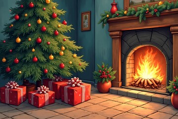 christmas tree and fireplace