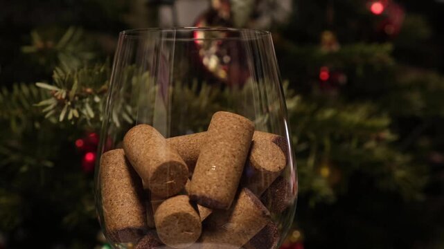Wine corks in drinking glass, close-up. Concept of Excessive alcohol consumption during Christmas and New Year celebrations. Collecting used wine stoppers.