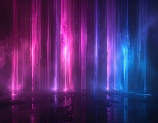 Illuminated vertical lines in vibrant pink, purple, and blue light streams, reflecting below