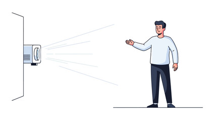 Man standing in front of projector light beams against a white background