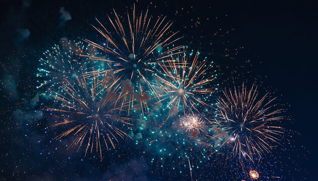 Dynamic Multicolored Fireworks Bursting in Dark Night Sky
