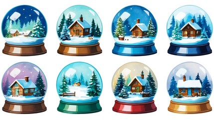 A collection of captivating snow globes featuring miniature houses nestled amidst a serene, winter wonderland, where flakes fall in an idyllic illustration