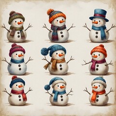 A delightful collection of nine cheerful snowman illustrations, each with a unique personality and winter attire , isolated on a white background
