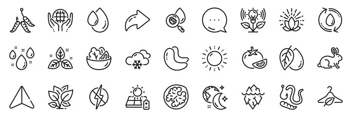Animal tested, Salad and Cashew nut line icons pack. Share, Message, Paper plane icons. Maggots, Water analysis, Organic tested web icon. Refill water, Worms, Fair trade pictogram. Vector