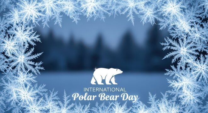 International polar bear day celebration with snowflakes and a polar bear silhouette in a winter forest setting - Powered by Adobe