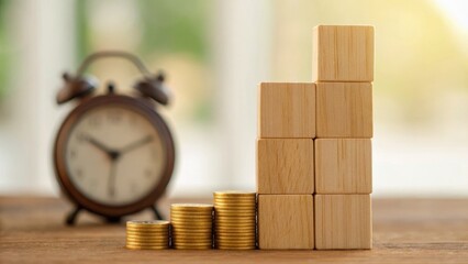 Clock beside stacked coins and blocks symbolizes time management and financial growth.