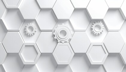 Three stylized gears sit atop a white, geometric honeycomb pattern with textured cells