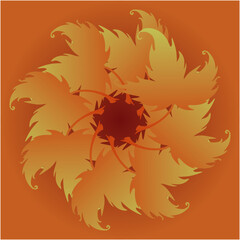 Fiery leaf-like forms swirl into a glowing center, blending warm orange and gold tones to evoke motion, intensity, and the spirit of autumn flames.