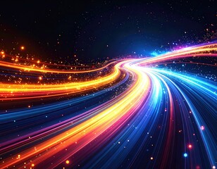 Abstract illustration of vibrant light trails curving through a starry dark void