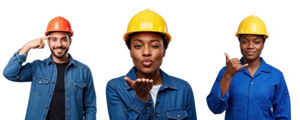 Diverse group of happy young construction workers, two African American women and one Hispanic man, wearing safety hard hats and workwear, posing on a transparent background.