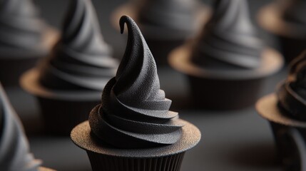 Close-up Black Witch Hat Dessert in Dark Moody Lighting &ndash; Elegant Halloween Gourmet Pastry