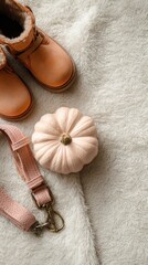 Cozy Autumn Flatlay with Kids Boots, Pastel Pumpkin, and Pet Leash on Soft Cream Fabric